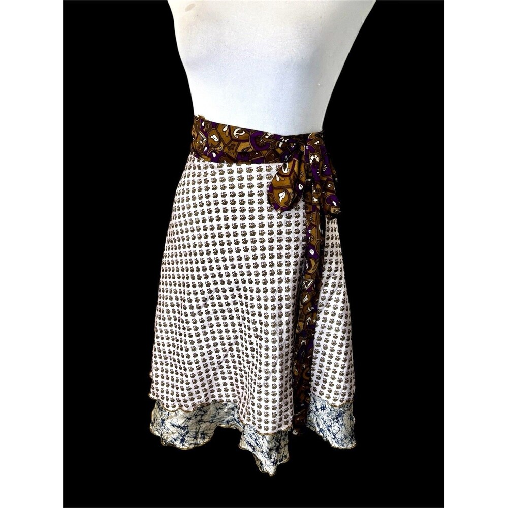 Silk Mixed Print Reversible Midi Wrap  Skirt, Boho Festival Indian Sari Fabric
